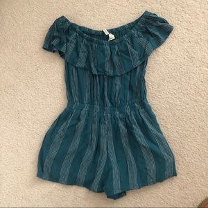 Off-shoulder Teal Vertical Stripes Romper